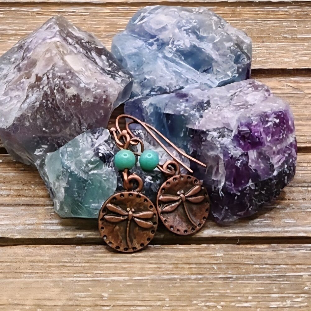 Chrysoprase and Copper Dragonfly Drop Earrings - Picture 1 of 4